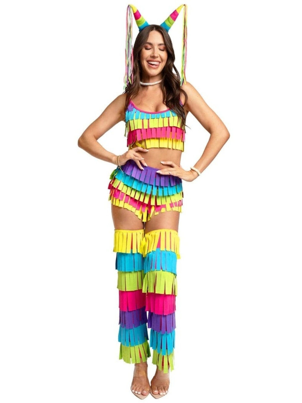 (Size L )Tipsy Elves Sexy Adult Neon Rainbow Fringe Pinata Halloween Costume